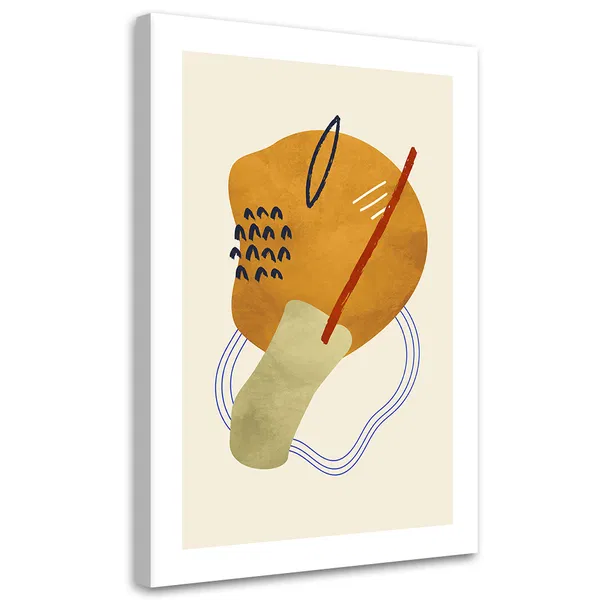 Abstract artwork featuring bold shapes in warm colors with a mix of curved and straight lines, offering a modern minimalist style.