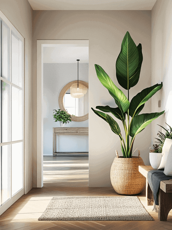 Welcoming high-end entryway with a bench, large plant, round mirror, and warm neutral colors in a Boho-Dutch-Scandinavian style
