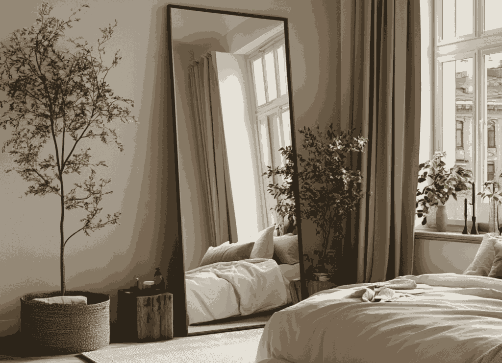 Stylish bedroom featuring an oversized floor mirror