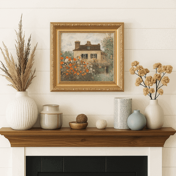Vintage floral painting with a rustic mantel display: "Golden framed vintage floral painting of a house surrounded by orange flowers, displayed above a rustic wooden mantel with vases and decorative orbs.