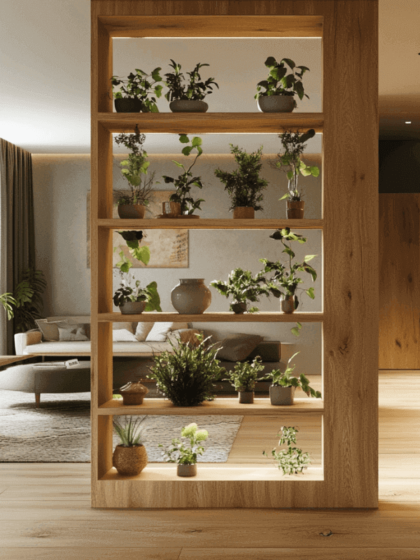 Wooden open shelves displaying various plants and ornamental decor in a modern living room with natural light.