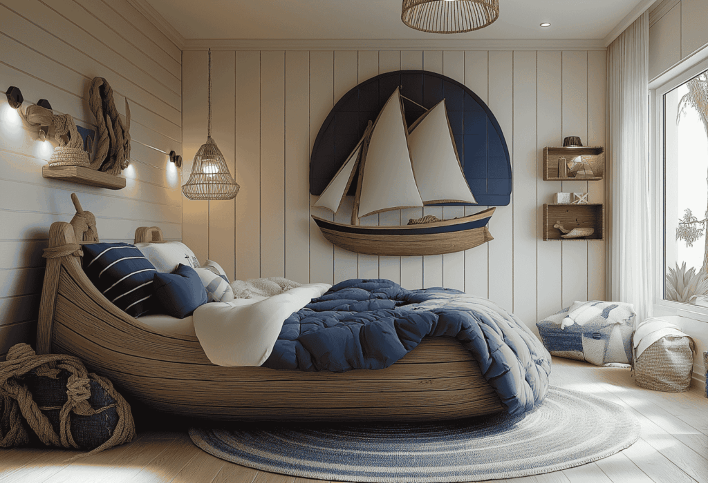 Nautical bedroom with boat-shaped wooden bed, blue bedding, and sailboat wall art on white paneled walls.