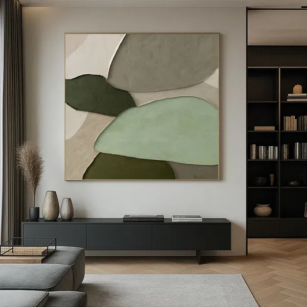 Abstract wall art in earthy green and beige tones hanging above a sleek black console in a modern, neutral-toned living room.