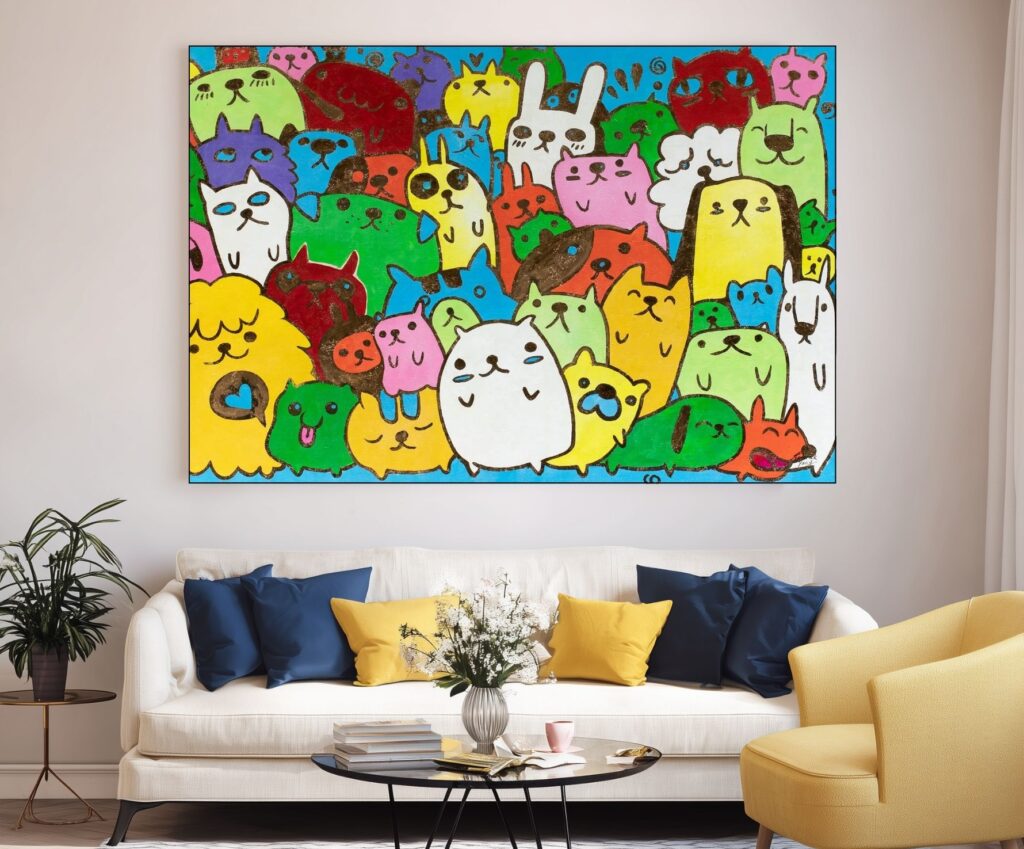 Contemporary living room with colorful animal face painting, white sofa, and vibrant cushions
