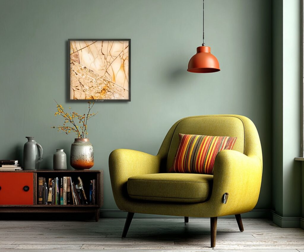 Cozy Living Room with Green Armchair and Abstract Art