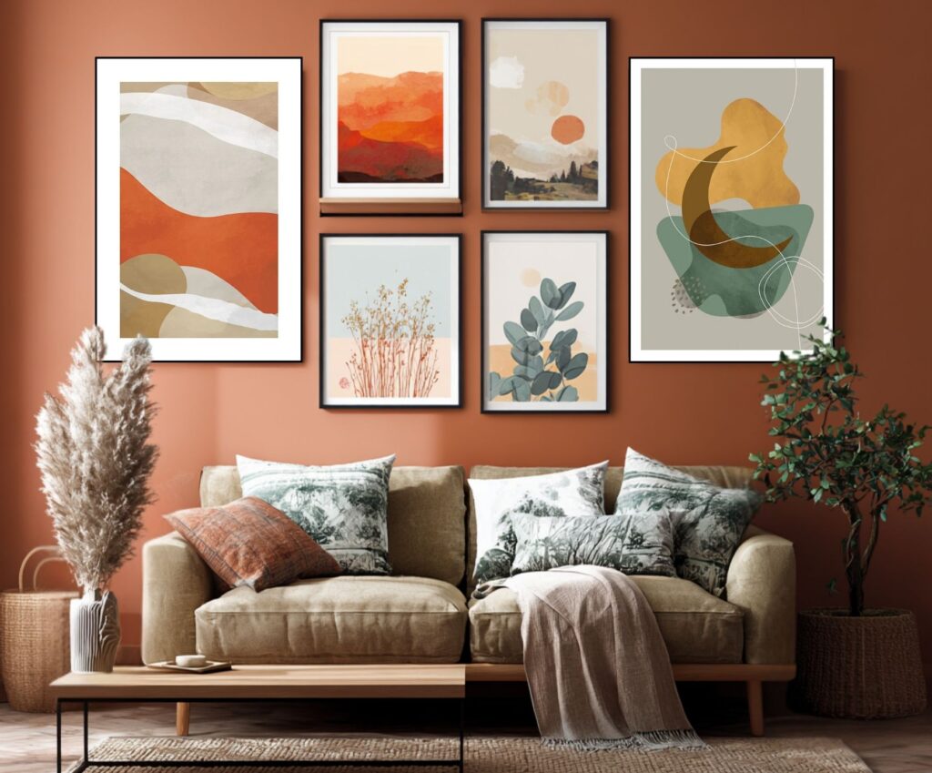 Cozy living room with beige sofa, burnt orange wall, and framed botanical art