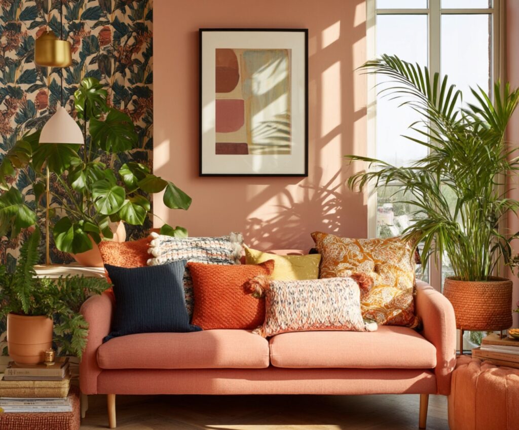 Tropical modern living room with peach sofa, colorful cushions, abstract wall art, and green plants.Tropical modern living room with peach sofa, colorful cushions, abstract wall art, and green plants.