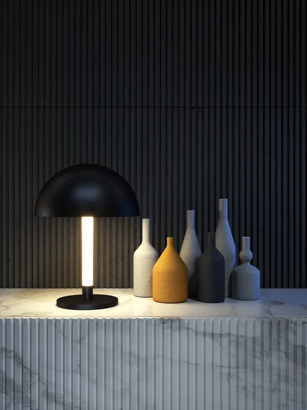 Black table lamp with curved shade – designer piece for office or home