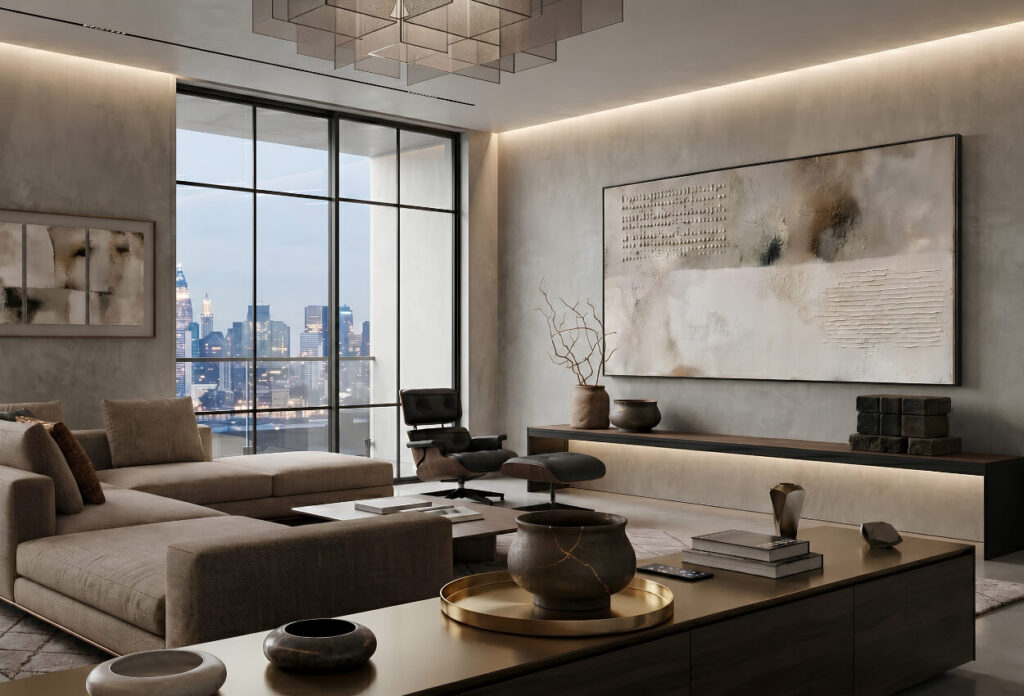 A large, horizontal abstract painting on a textured wall in a luxurious, modern living room overlooking a city skyline at night.