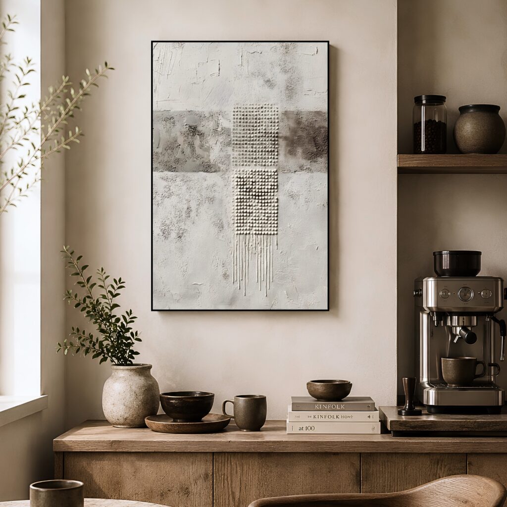 A vertical, textured abstract painting in white and gray shades on a beige wall above a wooden coffee station with an espresso machine, ceramic dishware, and books.