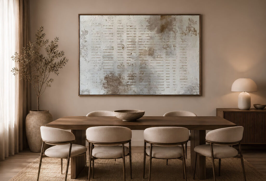 Warm dining room with large textured abstract artwork above a wooden table.