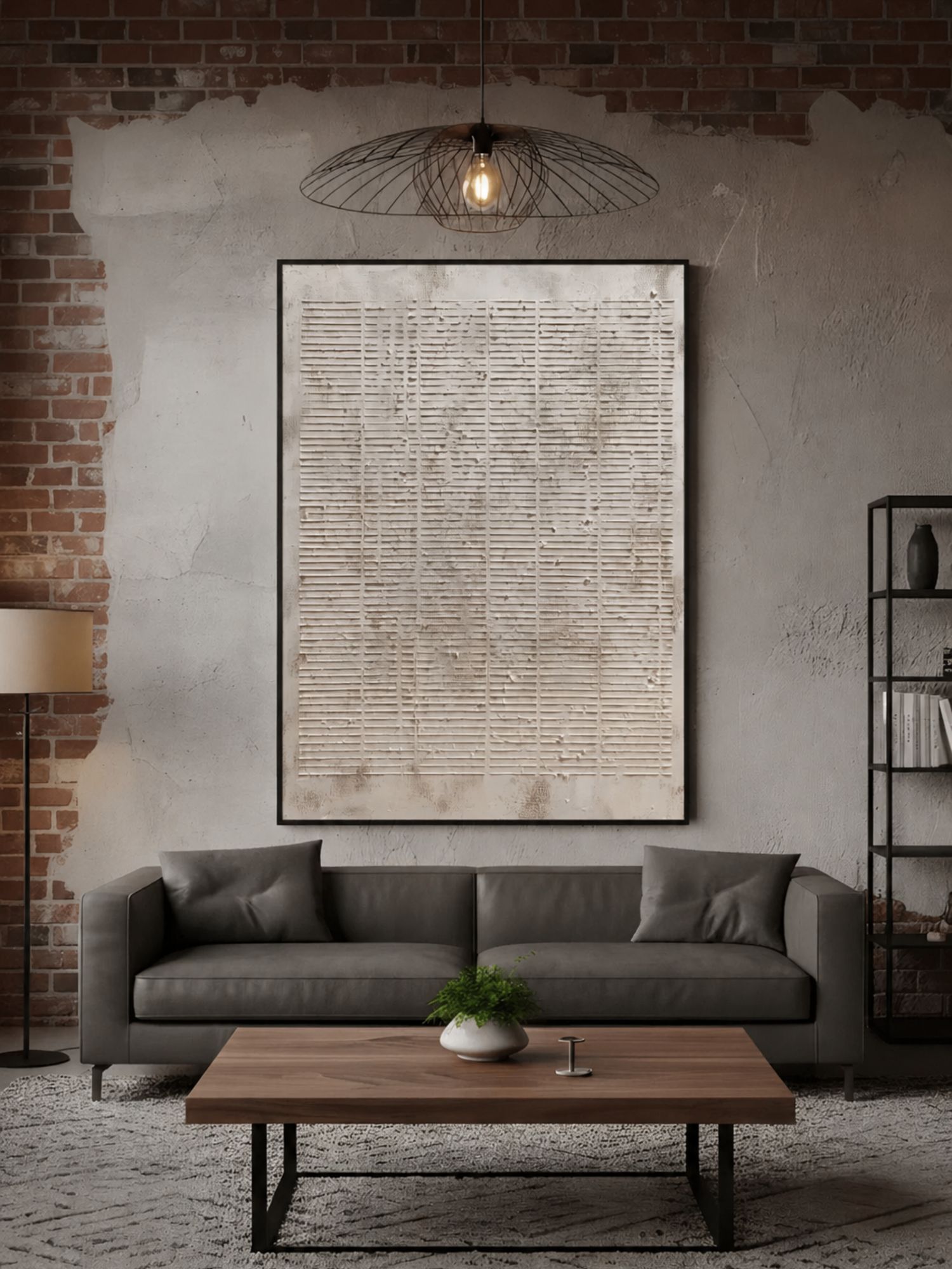Industrial living room with vertical textured abstract artwork above a grey sofa.