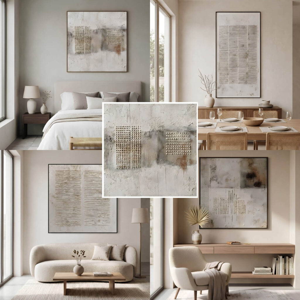 A collage of four minimalist interiors (bedroom, dining room, living room, and sitting area) featuring textured abstract artwork, with a central close-up highlighting the painting's raised relief texture.