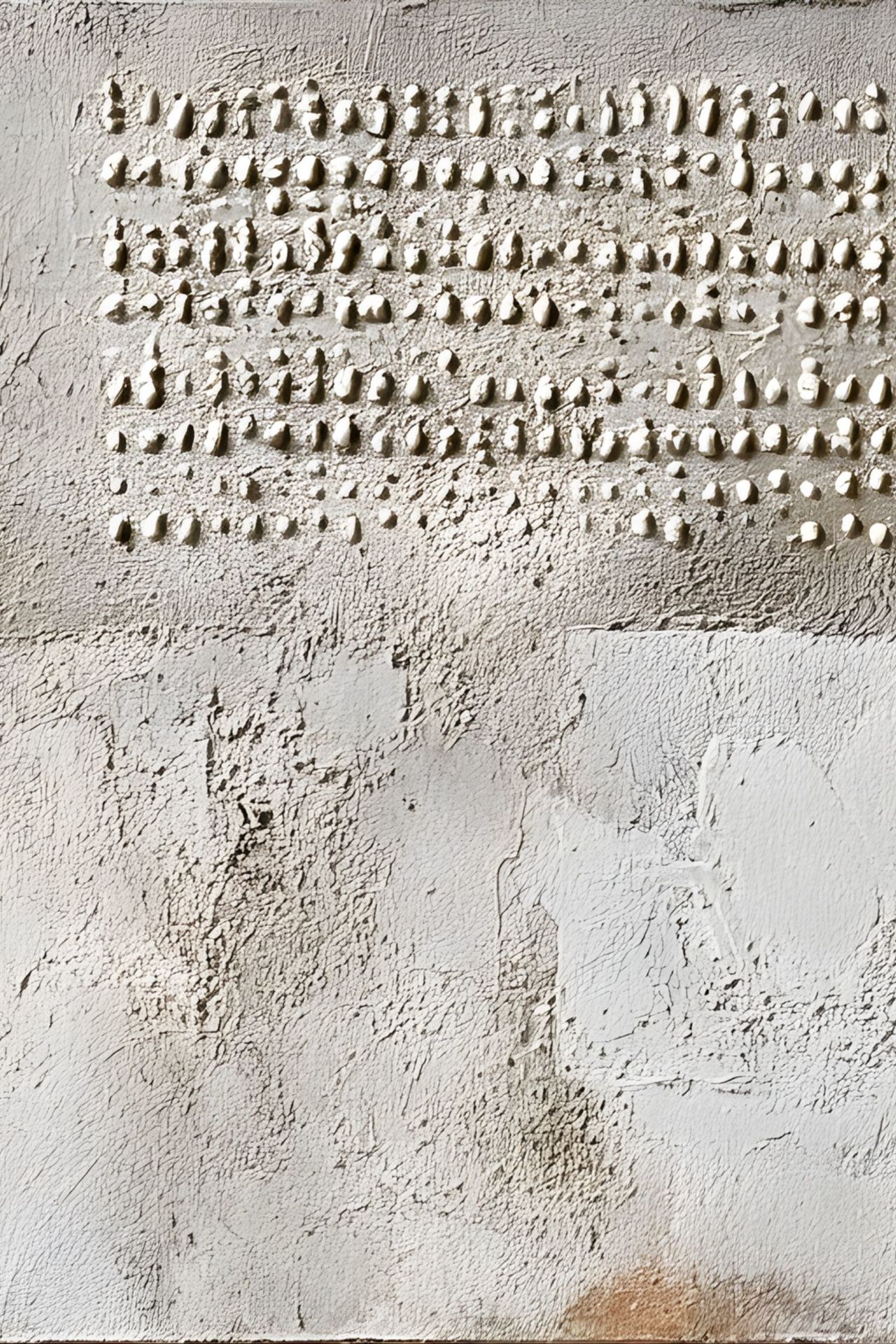 Close-up of textured abstract artwork with neutral tones and dark accents.