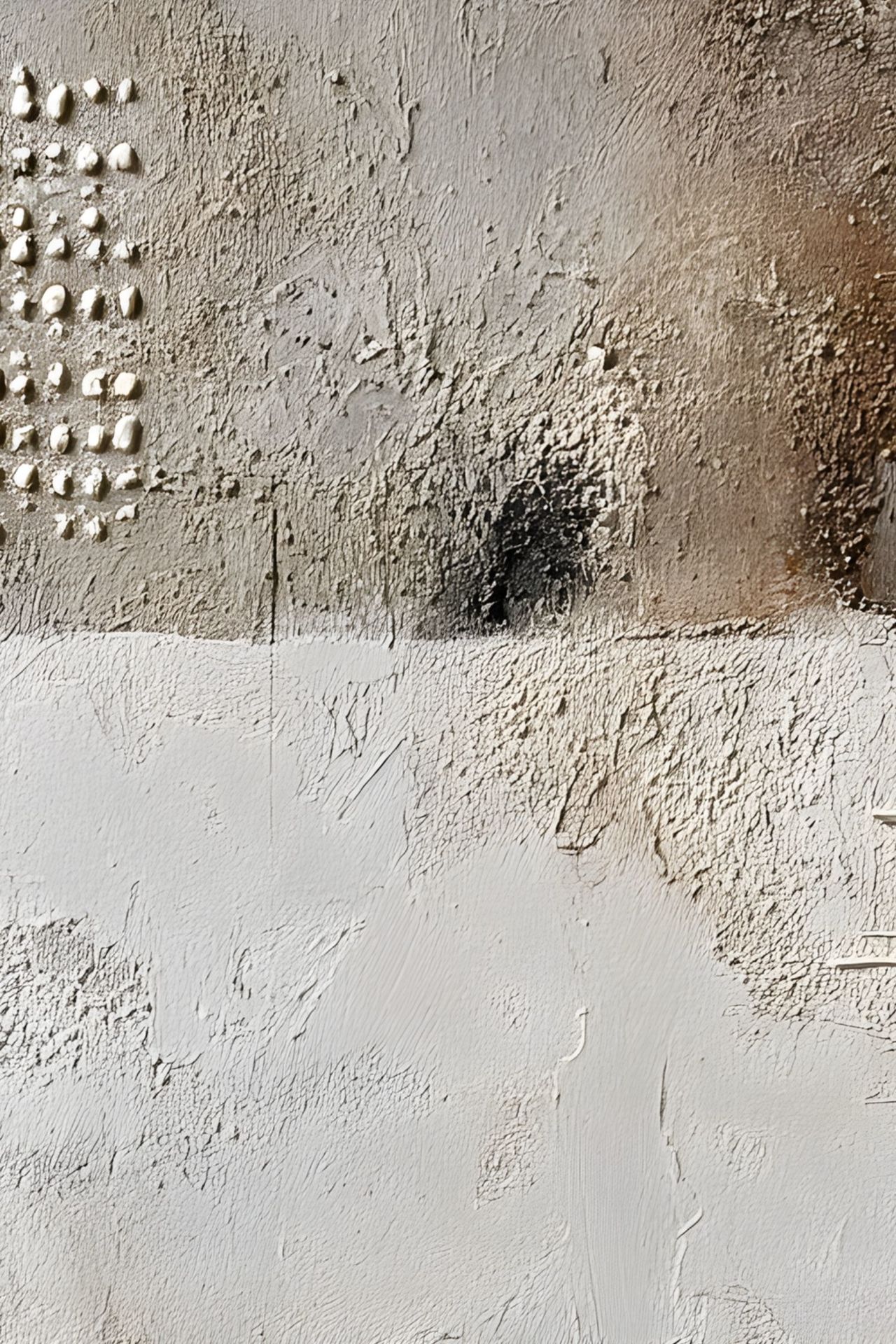 Close-up of raised dotted texture on a neutral abstract artwork.