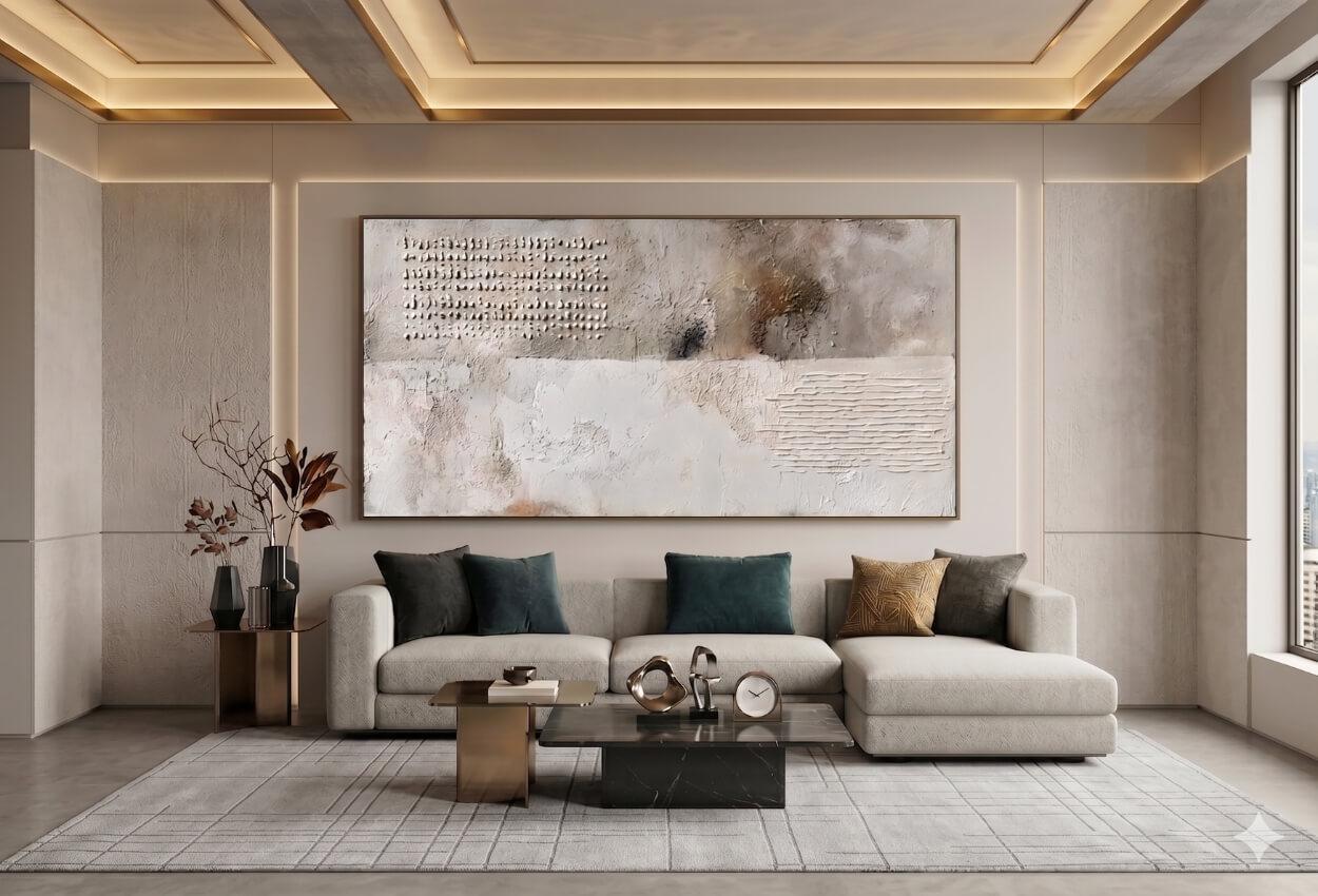 Modern living room with large textured abstract artwork above a cream sofa.